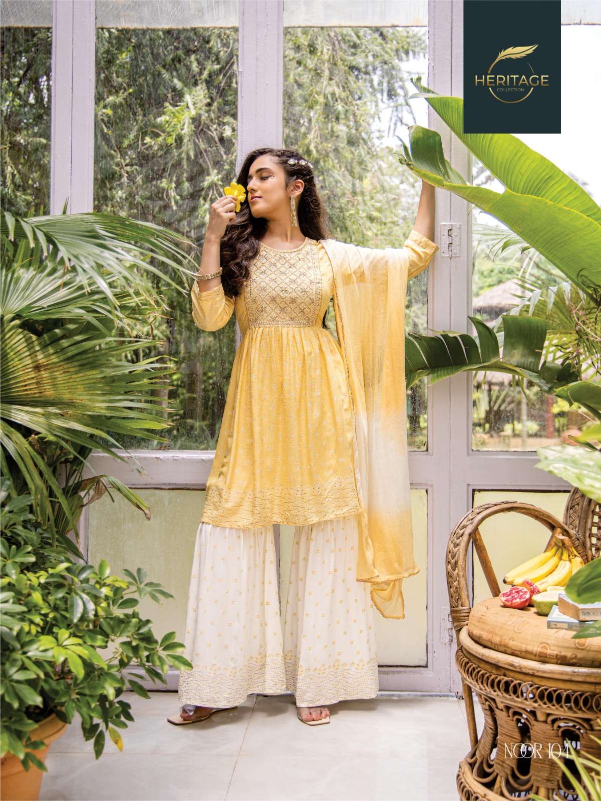 NOOR RAYON SLUB PRINTED SEQUENCE EMBROIDERY WORK SHARARA AND DYED CHIFFON DUPATTA BY HARITAGE BRAND 104